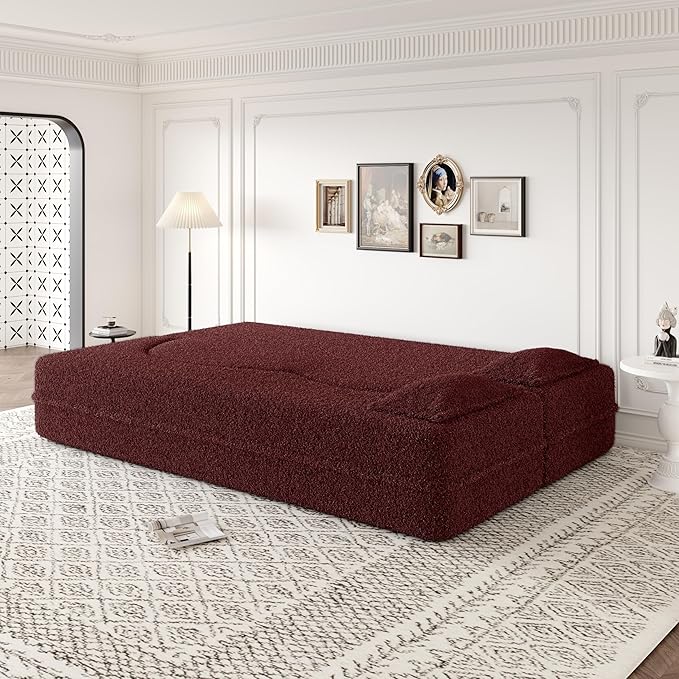 78" Oversized Convertible Folding Sleeper Sofa Bed, Fold Out Floor Lounge Sofa Couch with Curved Design, Cloud Teddy Fleece Upholstered Foldable Mattress Couch Cozy Sofabed for Living Room