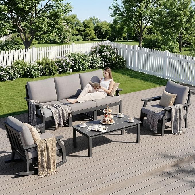 HDPE Patio Conversation Set, 6-Piece All Weather Outdoor Furniture Set with 1 Single Rocking Armchairs for Deck, Lawn, with Cushion, Black
