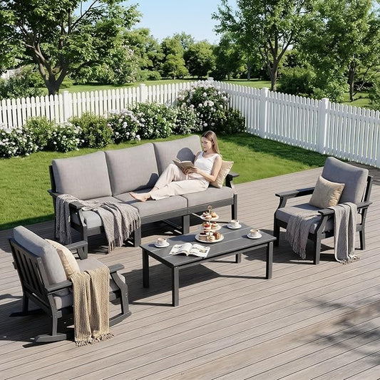 HDPE Patio Conversation Set, 6-Piece All Weather Outdoor Furniture Set with 1 Single Rocking Armchairs for Deck, Lawn, with Cushion, Black