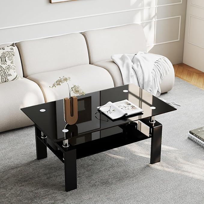 IANIYA Rectangle Tempered Glass Coffee Table, Modern Living Room Table with Storage & Black Metal Legs, Center Table for Bedroom Home Office Small Space Waiting Room