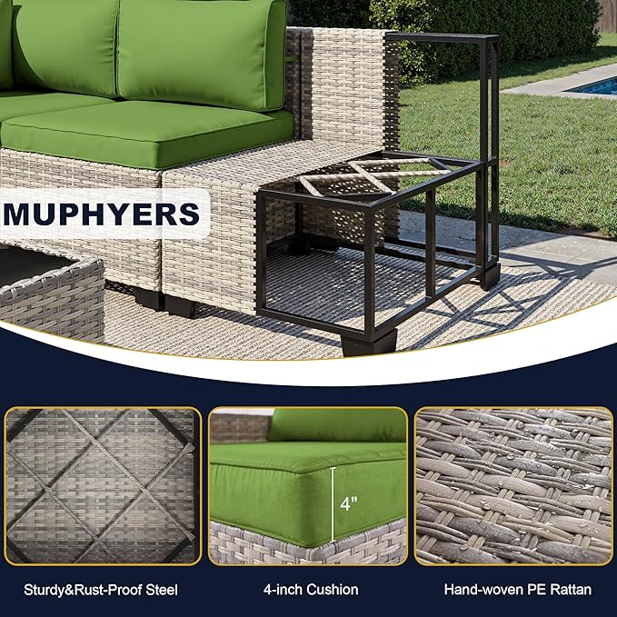 15-Piece Outdoor Patio Furniture Set with Rocking Swivel Chair, Wicker Rattan Sectional Sofa Conversation Set with Tempered Glass Table with Ottomans, Backyard Furniture, Avocado Green
