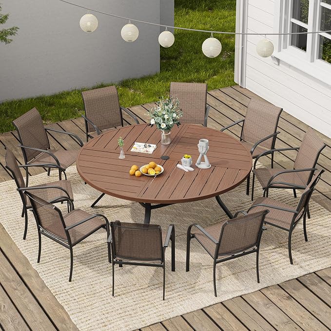 VICLLAX 11 Pieces Round Patio Dining Set, Patio Furniture Set of 10 Patio Stackable Dining Chairs and 63" Outdoor Spliced Tabletop with Umbrella Hole, Brown Chairs and Walnut Table by HOME