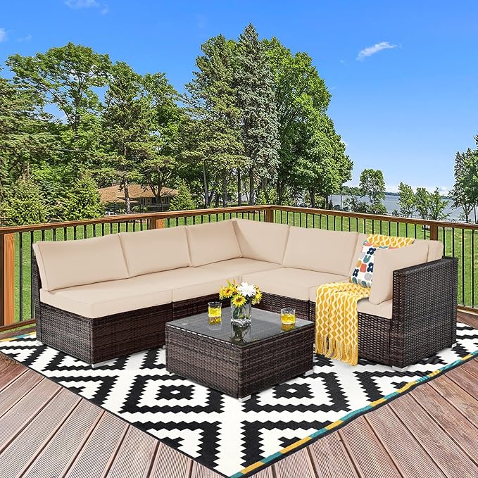 Tangkula 6 Pieces Patio Furniture Set, Outdoor Wicker Conversation Set with Glass Coffee Table, Wicker Sofa Set with Back & Seat Cushions, Rattan Sectional Conversation Set for Backyard Garden
