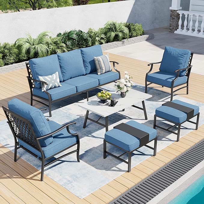6 Piece Metal Outdoor Patio Furniture Set, Patio Conversation Sets 1 3-seater Sofa, 2 Fixed Chairs, 2 Ottomans with 5.75" Thick Cushion and Coffee Table, Black Backyard Furniture, Navy