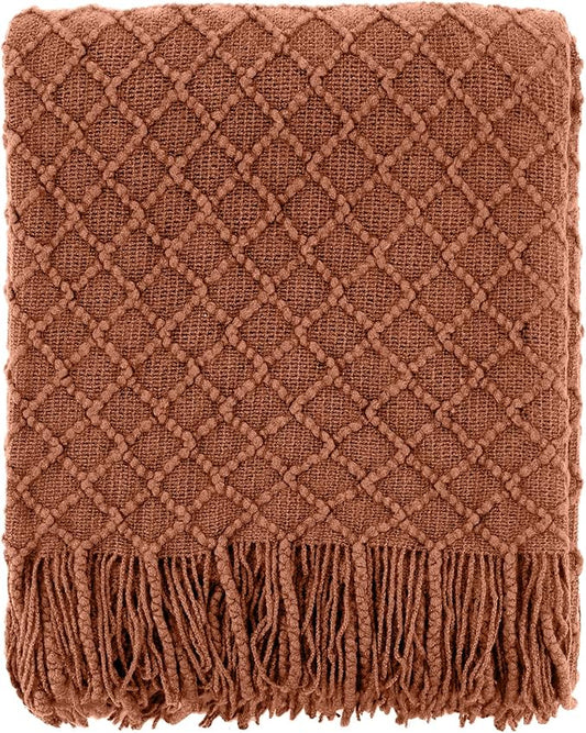 CREVENT Farmhouse Boho Knitted Throw Blanket for Couch Sofa Chair Bed Home Decoration, Soft Warm Cozy Light Weight for Spring Summer Fall (60''X80'' Caramel)