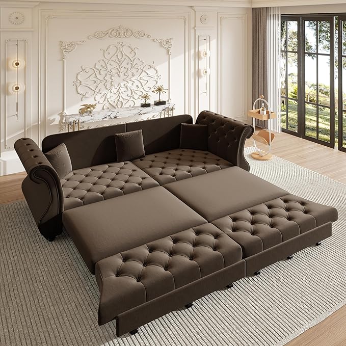 Eafurn Oversized 4-Seater Chesterfield Loveseat Convertible King Size Sleeper Couch Bed,Classic Tufted Velvet Pull Out Loveseat Sofa Bed with Roll Armrest and Solid Wood Legs