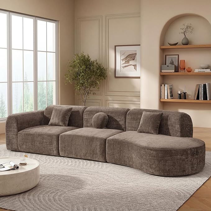 Merax 3-Piece 140" Curved Sectional Sofa Set, 4 Seat L-Shaped Modular Modern Cloud Couch with Chaise Lounge, 3 Pillows, Fully Assembled High-Density Compressed Sponge for Living Room, Brown