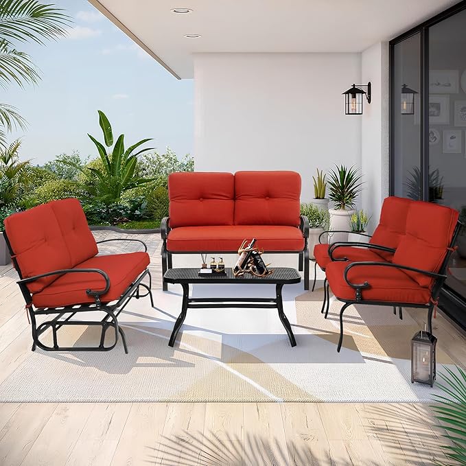 5 Pcs (6 Seats) Outdoor Patio Furniture Conversation Sets, Glider, Loveseat and Coffee Table, 2 Lounge Chairs with Cushions (Red)