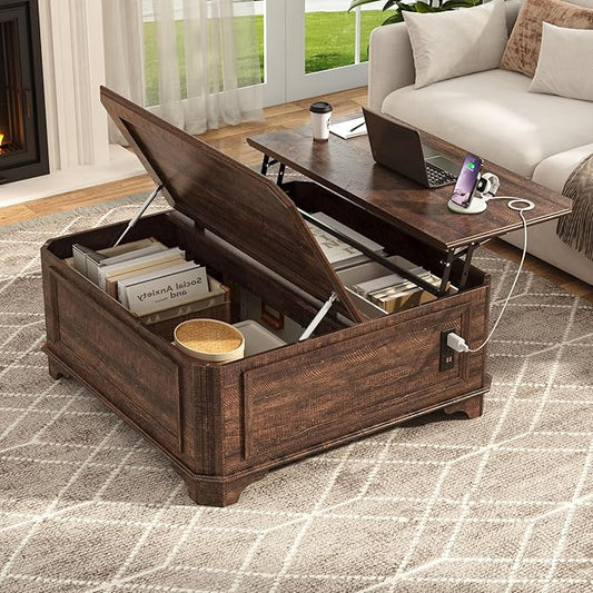 40 Inch Farmhouse Lift Top Coffee Table with Charging Station & Hidden Storage - Square Center Table with Adjustable Lifting Top, Large Storage Cabinet for Living Room, Bedroom, Home Office, Brown
