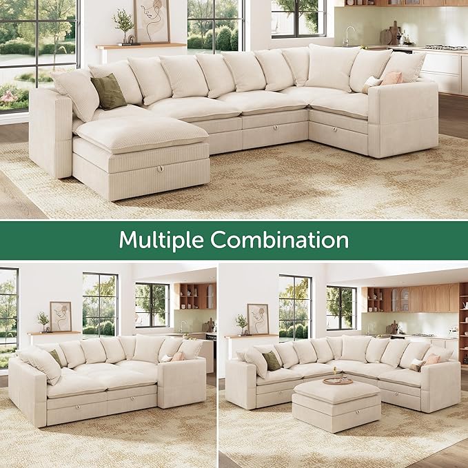 HHONBAY Modular Sectional Sofa, 6 Seaters Corduroy Sectional Couchwith Ottoman, L Shaped Sofa with Storage & Pillows, Beige