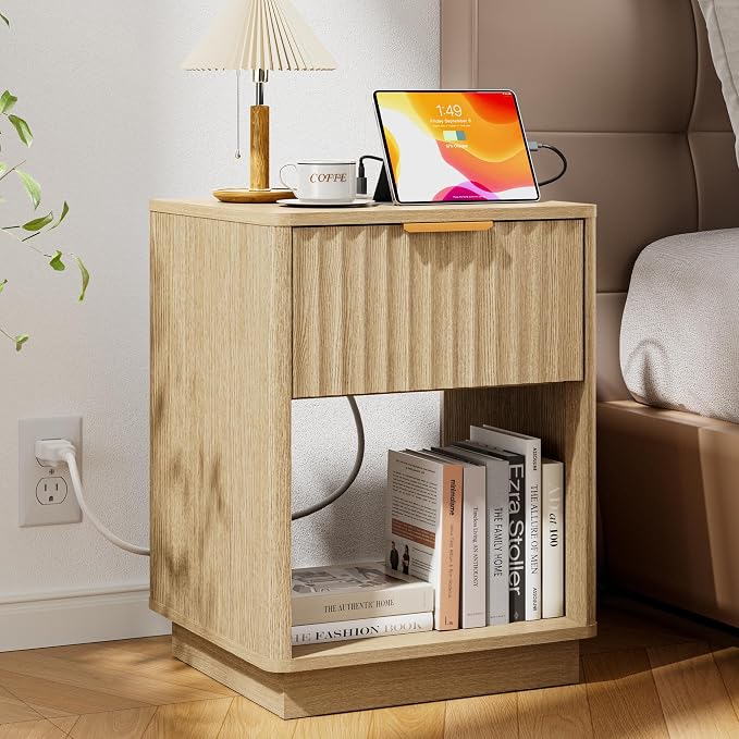 Fluted Nightstand, Modern Night Stand, Nightstand with Charging Station, Wooden End Table with Drawer & Open Shelf, Bedside Table for Bedroom Sofa Home Office, Curved Corners, Natural Oak by FavourLife