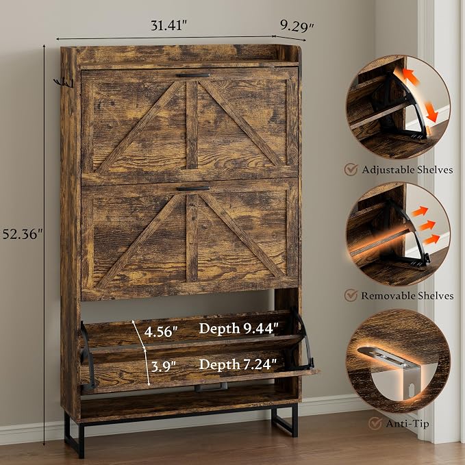 BORNOON Shoe Cabinet with 3 Flip Drawers Narrow Shoe Storage Cabinet Organizer Wooden Freestanding Shoe Rack Hidden Slim Shoes Storage Cabinet for Entryway, Hallway, Living Room, Bedroom - Image 2