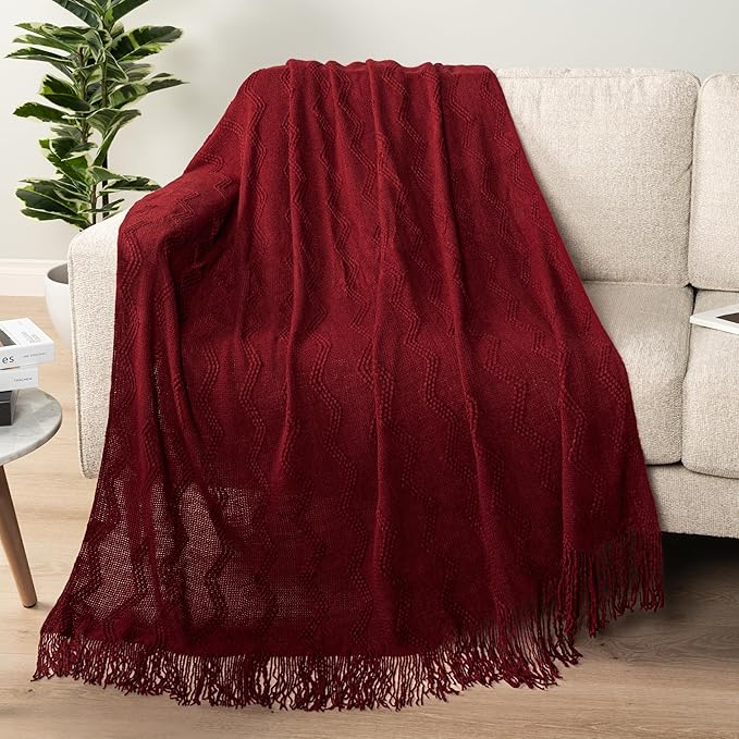 PAVILIA Maroon Red Knit Throw Blanket for Couch, Twin Bed, Soft Knitted Farmhouse Sofa Throw for Living Room, Lightweight Decorative Fall Blanket for Chair, Outdoor Textured Boho Blanket, 60x80
