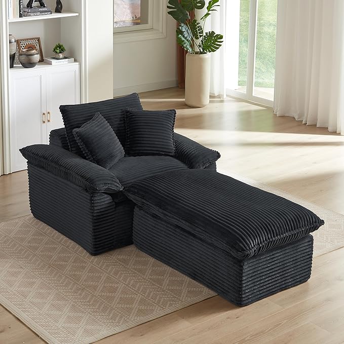 52" Oversized Chaise Lounge Chair Boneless Sofa Bed, Plush Corduroy Upholstered Cloud Lounge Sofa Couch with Ottoman, Modern Deep Seat Sleeper Chair w/Thickness Cushions for Living Room, No Assembly