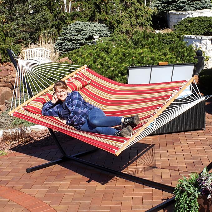 Sunnydaze Quilted Double Hammock for Outside with Spreader Bars and Pillow - 450 lb Capacity, 74x55 Inch Bed, UV Resistant, Quick Dry - Chains Included, Stand Sold Separately - Red Stripe - Image 9