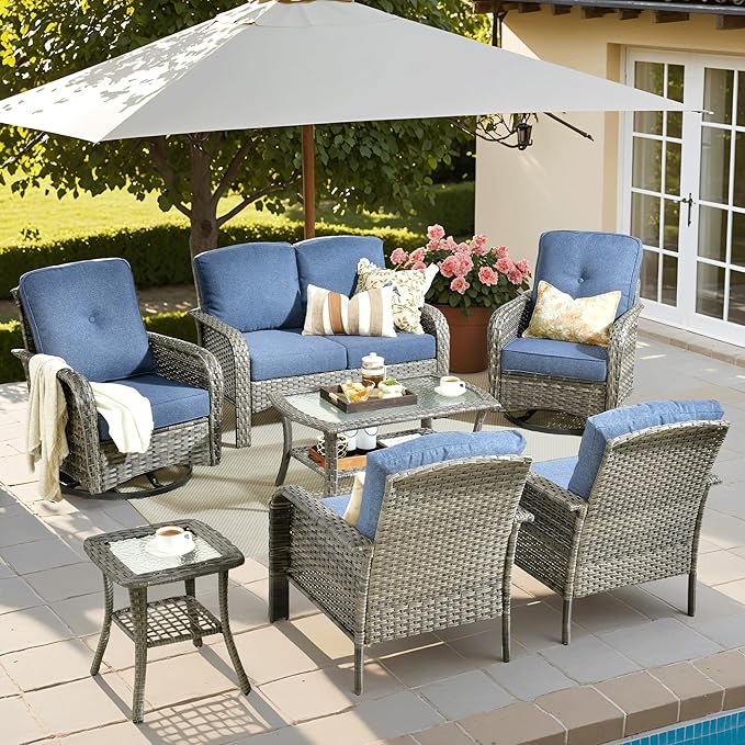 ovios 7-Piece Patio Furniture Set, Outdoor Wicker Sofa with Swivel Chairs Coffee Table, High Back Rattan Couch Loveseat with Comfy Cushions for Porch Yard Deck, Denim Blue