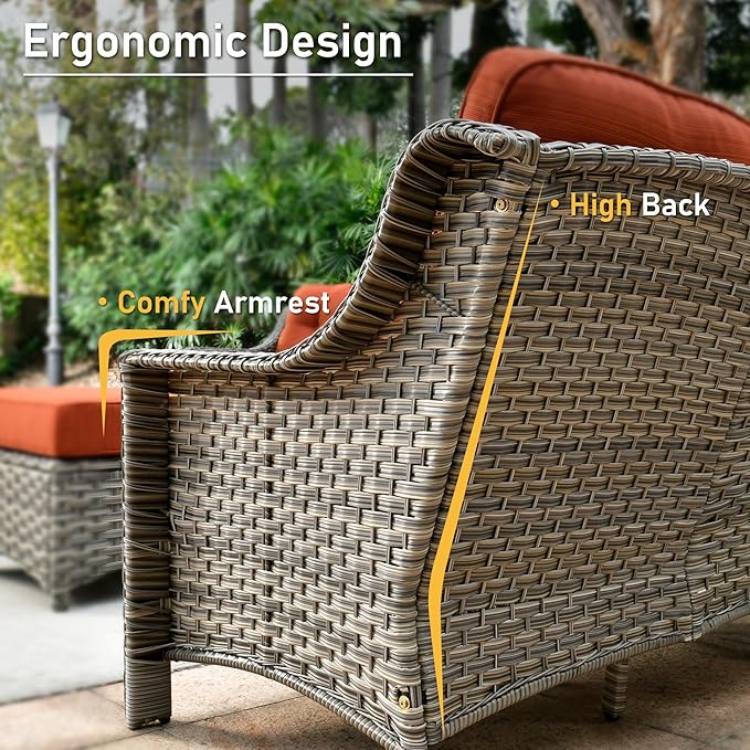 HOOOWOOO 6 Piece Patio Furniture Conversation Sets with Swivel Rocking Chairs,Outdoor Wicker Furniture with Ottoman,All Weather Resistant High Back Rattan Conversational Set(Orange Red)