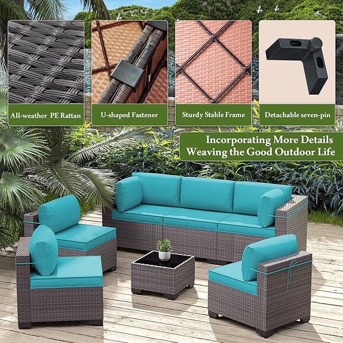 7 Pieces Outdoor Patio Furniture Set,Outdoor Sectional Furniture All Weather PE Rattan Wicker Patio Conversation Set with Coffee Table and 6 Thickened Cushions,Turquoise Blue