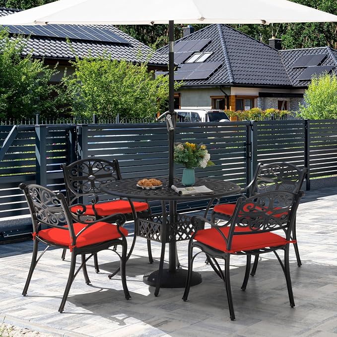 NUU GARDEN 5 Piece Outdoor Patio Dining Set, 42" Cast Aluminum, Round Patio Dining Table with 2.24" Umbrella Hole and Patio Dining Chairs with Cushions for Garden, Balcony, Bronze and Red - Image 8