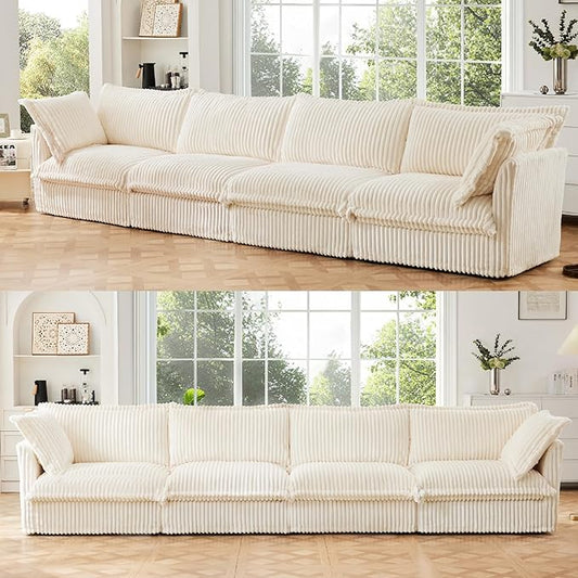 KEIKI 156" Corduroy Sectional Sofa with Throw Pillows, White 4 Seat Soft Sleeper Cloud Couch Set, Comfy Upholstered Modular SofaBed for Apartment Living Room, Cream
