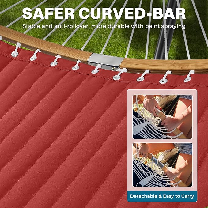 SUPERJARE Hammock with Stand, 2 Person Heavy Duty Hammock with Padded Cotton, Detachable Pillow & Strong Curved-Bar & Portable Carrying Bag, Perfect for Outdoor & Indoor, Red - Image 7