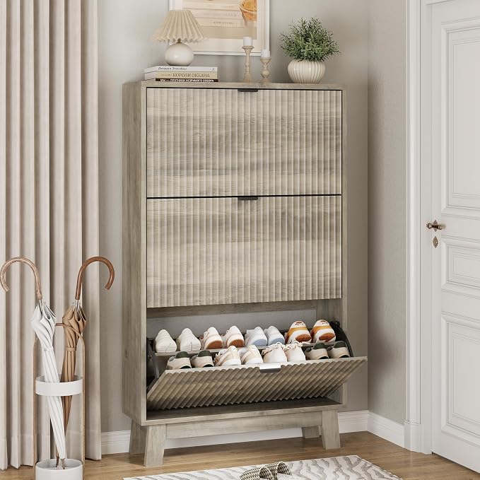 Xixini Shoe Cabinet with 3 Flip Drawers, 54" Tall Narrow Fluted Shoe Storage Organizer for Entryway, Hidden Slim Wooden Shoe Rack Cabinet for Front Door Entrance, Hallway, Living Room, Light Grey by Xixini