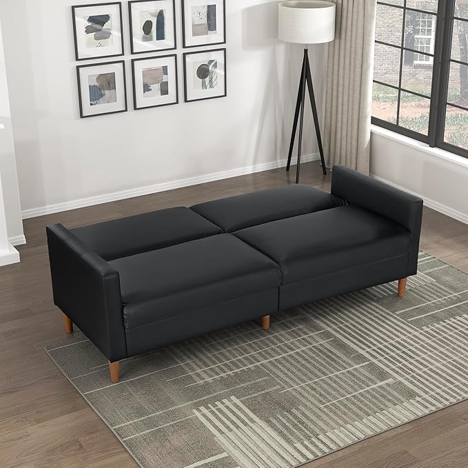 Lexicon 79"W Convertible Futon Sofa Bed, Loveseat, Faux Leather Upholstered Couch Sleeper, Adjustable Backrests, Padded Pocket Coil, Solid Wood Legs for Living Room, Bedroom, Apartment, Office, Black