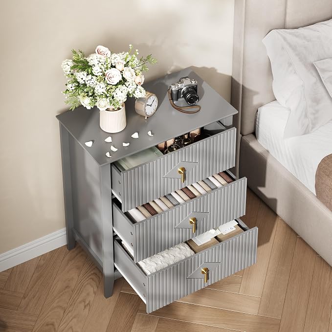 GarveeHome Wood Nightstand Fluted Dresser for Bedroom, 27.5" Wide 3-Drawer Bedside Tables, Modern Chest of Drawers, Storage End Table Living Room, Hallway, Entryway, Grey - Image 6
