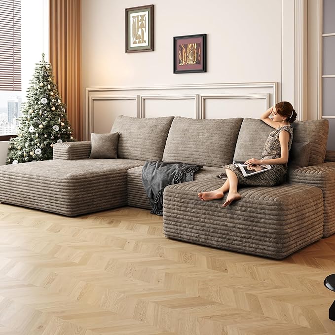 108" Cloud Modular Sectional Sofa Couch with Ottoman and L-Shape Chaise, Minimalist Upholstered Compressed Couches,Deep Seat Floor Sofa Couch,No Assembly Required