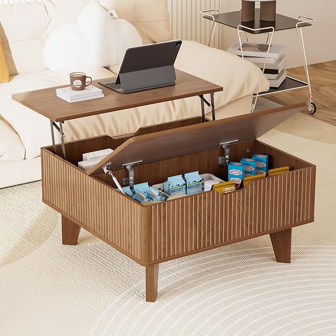 29.7" Lift Top Coffee Table with Storage, Square Wood Fluted Coffee Table for Living Room, Mid Century Modern Center Table with Flip-Top Design for Small Space, Walnut