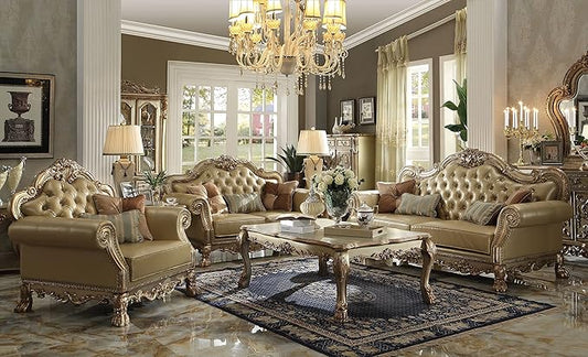 ACME Dresden Sofa w/4 Pillows - - Bone PU & Gold Patina