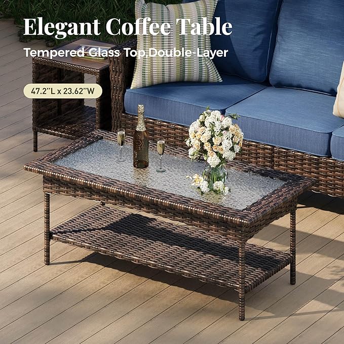 6-Piece Wicker Patio Furniture Set with Swivel Chairs, High Back Outdoor Furniture with 5.5-inch Thick Cushion and Ottoman, All-Weather Wicker Patio Conversation Set for Deck Lawn, Navy Blue
