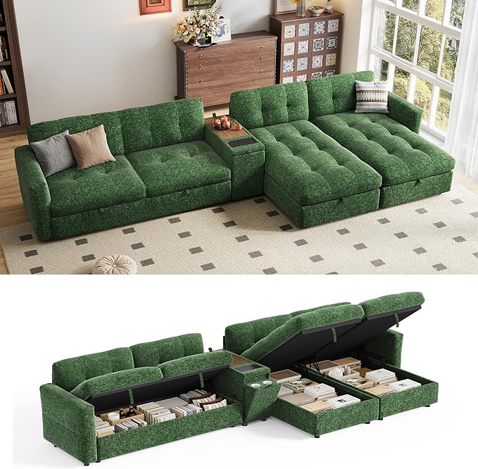 167" Oversized Modular Sofa with Versatile Console, U Shaped Sectional Couch with Storage Seats and Chaise, Comfy Chenille Cloud Couches with Adjustable Armrest for Living Room Apartment, Green