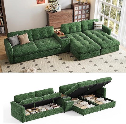 167" Oversized Modular Sofa with Versatile Console, U Shaped Sectional Couch with Storage Seats and Chaise, Comfy Chenille Cloud Couches with Adjustable Armrest for Living Room Apartment, Green