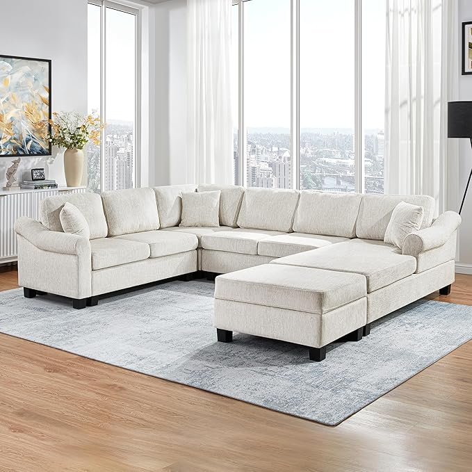 ERYE 112" U-Shaped Sectional Sofa with Movable Storage Ottoman, Oversized Chenille Upholstered Corner Modular Sofa Couch W/Right Facing Chaise Lounge and 3 Toss Pillows