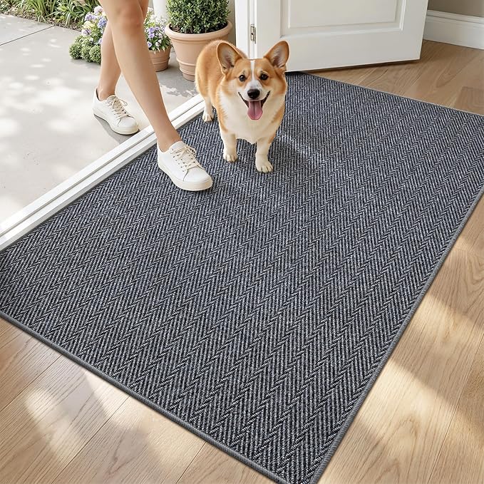 LUMI Ultra Thin Indoor Door Mat for Entrance 32"x48", Non Slip Entryway Mat, Low Profile Doormat, Unique Herringbone Design Carpet for Inside, Patio, Porch, Medium Gray by LUMI