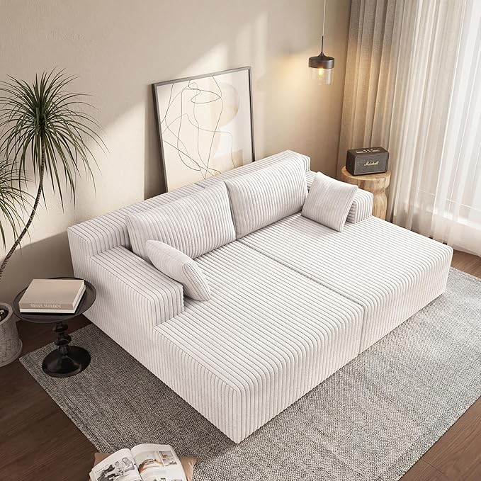 71-Inch Fluffy Corduroy Boneless Sleeper Daybed Loveseat Double Recliner Chaise Lounge Sofa Couches, Floor Cloud Sofa Chaise W/4 Pillows for Home Apartment Living Room