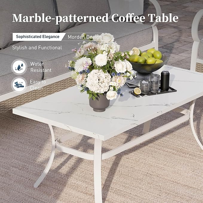 6 PCS Metal Outdoor Patio Furniture Set, Patio Conversation Set 1 3-Seater Couch, 2 Fixed Sofa, 2 Rocking Sofa with 5.75" Thick Cushion and Coffee Table White Backyard Furniture, Gray