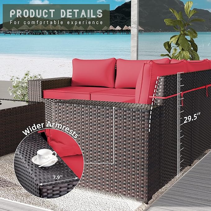 7 PCS Outdoor Patio Furniture Set,Outdoor Sectional Furniture with 43" 55000 BTU Gas Propane Fire Pit Table,All Weather PE Rattan Wicker Patio Conversation Set,Red