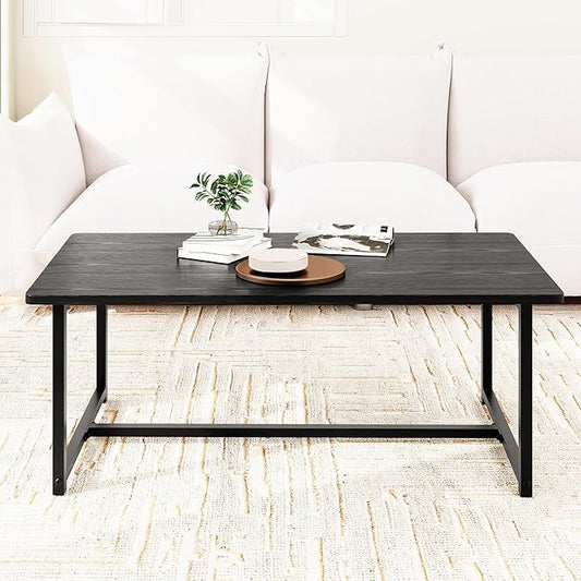 Coffee Table Living Room, Modern Center Table Rectangular, Industrial Furniture, Sofa End Tables/Tea Table/Table Basse De Salon with Metal Black Frame Black Top
