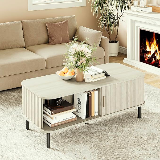 ONBRILL Coffee Table with Storage, 47.2" Mid Century Modern Coffee Tables for Living Room, Rectangle Wood Center Table with Sliding Tambour Door & Adjustable Leg for Living Room, Natural White