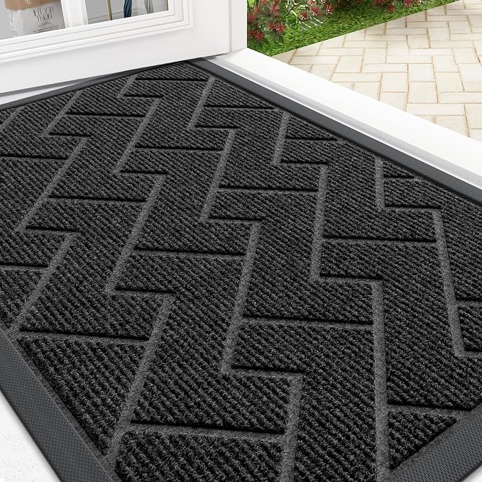 OLANLY Front Door Mat Indoor Outdoor Entrance, Waterproof All-Season, All-Weather Doormat, Sturdy Natural Rubber, Low Profile, Easy Clean Patio Porch Entryway Mat, Herringbone Brick (Black, 29.5x17) by OLANLY