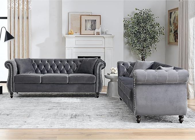 KEIKI Chesterfield Sofa, Retro Style Upholstered 3+3 Seats Velvet Couch with Rolled Arm for Living Room Bedroom Office, Grey