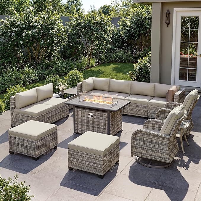 13-Piece Outdoor Patio Furniture Set with Rocking Swivel Chair, Wicker Rattan Sectional Sofa Conversation Set with 55,000 BTU Fire Pit Table with Ottomans, Backyard Furniture, White
