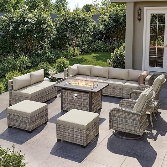 13-Piece Outdoor Patio Furniture Set with Rocking Swivel Chair, Wicker Rattan Sectional Sofa Conversation Set with 55,000 BTU Fire Pit Table with Ottomans, Backyard Furniture, White
