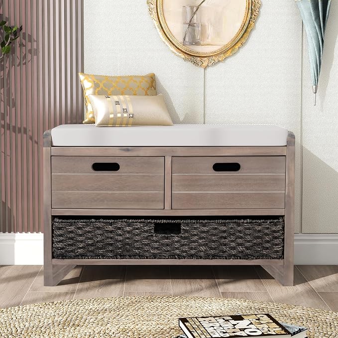 SOFTSEA Storage Bench for Entryway, Upholstered Storage Ottoman with Removable Basket and 2 Drawers, Farmhouse Shoe Bench with Seat Cushion for Entryway, Living Room, Full Assembled, White Wash - Image 3
