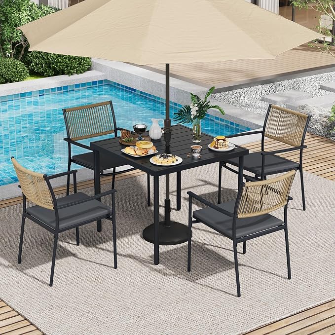5-Piece Outdoor Dining Set for 4, Rectangle Expandable Table with Umbrella Hole, 4 Wicker Rattan Chairs with Soft Cushion,Patio Dining Set, Conversation Set for Backyard, Garden & Poolside, Black - Image 6