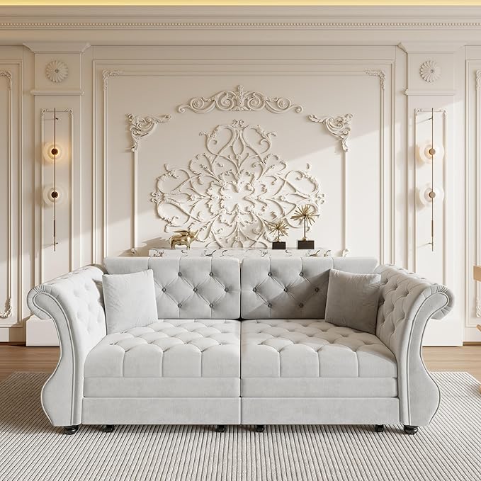 Eafurn Oversized 3-Seater Chesterfield Loveseat Convertible Queen Size Sleeper Couch Bed,Classic Tufted Velvet Pull Out Loveseat Sofa Bed with Roll Armrest and Solid Wood Legs