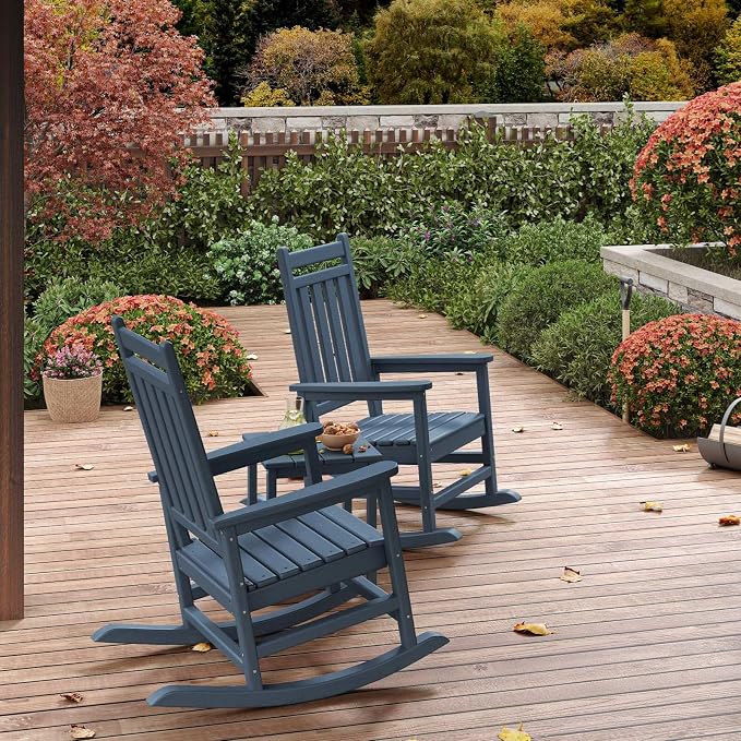 Garvee HDPE Rocking Chair Outdoor Set of 2 - Poly High Back Porch Rocker Chairs for Adults - All Weather Resistant Furniture for Patio Front Porch - Navy Blue - Image 6