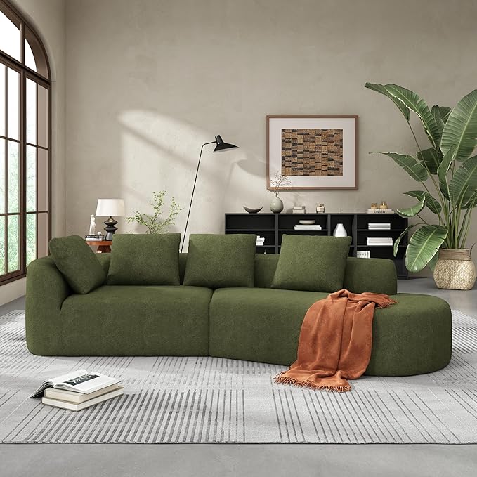 Merax 116" Curved Polyester Sectional Sofa, Modern Pearl Upholstery 3 Seat Cloud Couch with Chaise Lounge & 4 Pillows for Living Room, Green